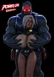 3d belt black_background blonde_hair breast_grab convenient_censoring darkseid dc_comics femsub gloves glowing_eyes huge_breasts leotard lipstick looking_at_viewer maledom nipples open_mouth power_girl prizm1616 red_eyes short_hair super_hero text topless torn_clothes