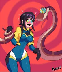  black_hair blush coils color costume dazed disney femsub forked_tongue gloves happy_trance hypnotic_eyes jacket jenna_(third_crisis) kaa kaa_eyes large_breasts maledom open_mouth psyfly short_hair smile snake spiral_background super_hero the_jungle_book thighhighs third_crisis 