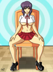  alerith breasts chair empty_eyes femsub ghost_in_the_shell large_breasts motoko_kusanagi purple_hair red_eyes school_uniform shoes short_skirt signature simple_background sitting skirt spiral_background spread_legs underboob 