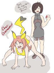 alexia_(electrickronos) all_fours altered_perception breasts brown_hair cosplay eir-chi_prowtag_(electrickronos) female_only femdom femsub hair_covering_one_eye humor nintendo original pet_play pikachu pokeball pokemon standing text violetriot