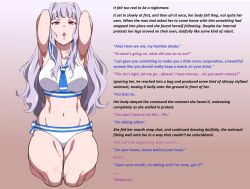 aware body_control breasts caption caption_only drool_(manipper) femsub hair_band hypnotic_drug kneeling large_breasts light_skin maledom manip navel open_mouth pink_eyes resisting silver_hair swimsuit takane_shijou taru_man text the_idolm@ster unhappy_trance very_long_hair
