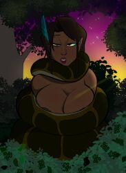 bare_breasts bare_shoulders blush breasts brown_hair cleavage coils colorrings critical_role disney elf elf_ears jungle kaa kaa_eyes lipstick night nipples sleepy snake tan_skin the_jungle_book trees vex'ahlia_de_rolo