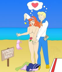 blonde_hair bottomless breasts daphne_blake dazed empty_eyes femsub fred_jones happy_trance hypnolad maledom nude pendulum red_hair scooby-doo_(series) sketch text topless traditional undressing western