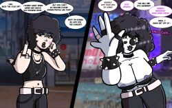  afro before_and_after belt bimbofication black_eyes black_hair body_paint brain_drain breast_expansion cleavage clothed_exposure clown clown_girl clownification coupytf goth happy_trance kiss_zombie lip_piercing lipstick_mark middle_finger midriff nipples original piercing punk ring transformation unaware virus 