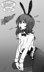  absurdres altered_perception bow_tie breasts bunny_ears bunny_girl bunnysuit carrot cleavage collar collarbone cuffs dialogue drool empty_eyes english_text expressionless fake_animal_ears female_only femsub fujiko_mine gmun greyscale kneeling large_breasts long_hair lupin_iii monochrome open_mouth pantyhose pet_play pussy_juice solo speech_bubble text trembling 
