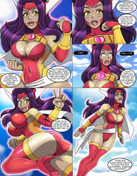 breasts brooke_(findingmywayforever) cleavage comic dialogue female_only long_hair open_mouth original purple_hair smile solo super_hero text zorro-zero 