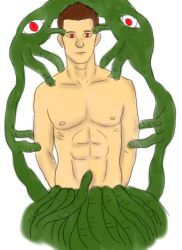 abs alien bodstart3 brown_hair corruption expressionless looking_at_viewer male_only malesub navel_penetration original parasite red_eyes solo tentacles white_background