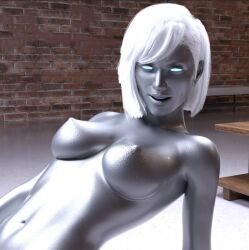 3d blue_eyes creativeguy59 female_only femsub glowing_eyes grey_skin nipples nude open_mouth shiny_skin short_hair smile topless white_hair