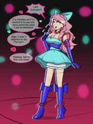  black_clover boots bow cleavage collar collarbone dress earrings english_text femsub forced_employee happy_trance huge_breasts hy2300 long_hair microphone open_mouth opera_gloves pink_hair singing smile speech_bubble spiral_eyes standing text vanessa_enoteca 