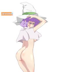 absurdres ass black_clover bottomless dorothy_unsworth elf elf_ears female_only femsub hat magic nipples nude possession purple_eyes purple_hair short_hair topless transformation witch witch_hat zeik999