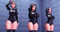  3d black_hair boots brown_eyes censored character_request drill_hair empty_eyes expressionless female_only femsub green_eyes grey_hair hayame_kanade huge_breasts iri. latex leotard long_hair multiple_girls multiple_subs ranko_kanzaki rubber saluting short_hair smile standing standing_at_attention tears the_idolm@ster thigh_boots thighhighs twintails wide_hips 