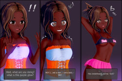  3d absurdres bare_legs bare_shoulders before_and_after bimbofication black_hair blush booru505 bottomless breasts brown_eyes brown_hair clothed collarbone dark_skin dialogue empty_eyes exhibitionism female_only femdom femsub hand_on_hip koikatsu! large_breasts long_hair mantra midriff miniskirt navel nipples nude open_mouth original panties ponytail purple_background short_hair short_skirt simple_background small_breasts smile speech_bubble standing tank_top text thighhighs topless 