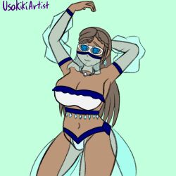 arm_warmers arms_above_head bare_legs bare_shoulders bikini blue_eyes braid brown_hair cleavage dancing earrings female_only femsub glasses harem_outfit huge_breasts iris_(esbypno) long_hair mask navel necklace original signature simple_background smile spiral spiralwash_eyes usakiki veil