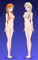 blonde_hair blue_eyes bottomless braid breasts collarbone disney empty_eyes erect_nipples femsub frozen jimryu multiple_girls nude open_mouth princess princess_anna queen_elsa red_hair sisters standing standing_at_attention topless twintails white_hair