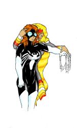  blonde_hair bodysuit breasts expressionless female_only femdom femsub hypnotia large_breasts long_hair marvel_comics mask orange_hair rotem_dishon spider-woman super_hero traditional 