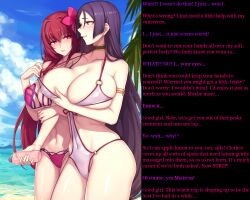 beach bikini blush breasts caption clothed_exposure fate/grand_order fate_(series) female_only femdom femsub glowing glowing_eyes large_breasts long_hair manip micro_bikini minamoto_no_raikou nobody67_(manipper) purple_hair red_eyes red_hair scathach_(fate/grand_order) swimsuit text