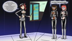 bodysuit boots bow brown_hair cleavage cleavage_cutout clothed dark_skin dronification empty_eyes english_text female_only femdom femsub fonda_fontaine forced_employee grey_eyes gun happy_trance hat hypnotized_hypnotist lipstick long_hair mantra mask multiple_girls multiple_subs navel orange_hair original ponytail shrunken_irises sideboob skirt smile speech_bubble standing standing_at_attention text yu-gi-oh! yu-gi-oh!_gx