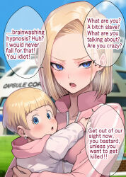  android_18 angry aware blonde_hair blue_eyes clothed dialogue dragon_ball dragon_ball_z female_only hard_translated katsuyoshi4278 maron mother_and_daughter text translated 