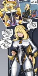 blonde_hair cameltoe cynthia dialogue drool enemy_conversion english_text erect_nipples erect_nipples_under_clothes femsub garchomp grey_eyes hair_covering_one_eye latex long_hair nintendo pokemon pokemon_diamond_pearl_and_platinum rosvo spiral_eyes team_galactic text