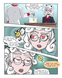  curly_hair demon demon_girl english_text femsub glatu helltaker light_skin maledom office_lady open_mouth pale_skin pandemonica_(helltaker) pendulum ponytail red_eyes short_hair simple_background speech_bubble white_hair 