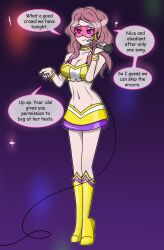 black_clover boots bracelet cleavage clothed collar collarbone empty_eyes english_text female_only femdom hy2300 hypnotic_music lipstick microphone midriff miniskirt navel pink_hair singing smirk speech_bubble standing text vanessa_enoteca visor