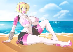 aegis_(persona) beach bimbofication breast_expansion breasts cleavage empty_eyes female_only femsub happy_trance headphones high_heels huge_breasts large_lips persona_(series) persona_3 robot sealguy swimsuit