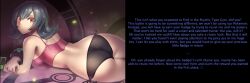  ass ass_focus black_hair bra breasts caption femdom large_breasts long_hair looking_at_viewer looking_back lying manip nintendo panties pokemon pokemon_heartgold_and_soulsilver pov pov_sub sabrina text underwear 