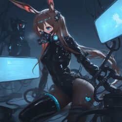  ai_art amiya_(arknights) animal_ears arknights arms_behind_back blue_eyes blush bondage boots breath brown_hair bunny_ears bunny_girl cables collar corruption crossed_eyes empty_eyes face_mask hnezxyd_(generator) kneeling latex leotard long_hair monitor rubber small_breasts spread_legs tech_control thigh_boots thighhighs trembling wires 