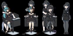  absurdres belt black_hair brown_hair chair corporatification dress empty_eyes expressionless female_only femdom femsub gloves goopkitty grey_eyes hair_color_change hair_ornament heterochromia high_heels multicolored_hair multiple_girls office_lady pantyhose ponytail purple_eyes sequence shirt signature simple_background sitting standing suit thighhighs tie transformation translation_request twinning 