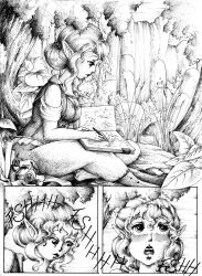  absurdres comic elf elf_ears female_only greyscale honey justsketchingviolets open_mouth traditional 