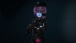 3d bangs beret black_lipstick blue_skin bodysuit breast_grab brown_eyes collar crotch_tattoo cuffs face_paint fangs female_only femsub glasses gloves glowing_eyes hat latex li_q looking_at_viewer original pink_eyes purple_hair rubber seductive_smile smile solo tight_clothing