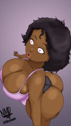 black_hair cleavage collarbone curly_hair dark_skin expressionless female_only femsub glowing_eyes huge_ass huge_breasts nominddetected open_mouth panties pink_hair short_hair shrunken_irises signature simple_background standing tank_top trigger 