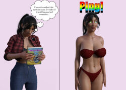 3d baloo before_and_after bikini bikini_bottom bikini_top black_hair breasts cleavage collarbone crossed_eyes dark_skin disney female_only femsub happy_trance jeans kaa_eyes loincloth long_hair meme midriff moomaster37 navel open_clothes ping ponytail shanti shirt simple_background smile spiral_eyes standing standing_at_attention symbol_in_eyes tagme text the_jungle_book thought_bubble