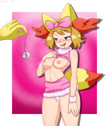 blush cosplay drool femsub fox_girl happy_trance hypno mattirowly nintendo open_mouth pendulum pokemon serena shirt_lift simple_background undressing