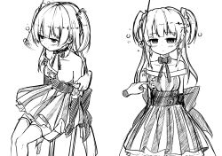 absurdres arm_warmers bare_shoulders blush bow coin dazed dress earrings empty_eyes etlabsotwe expressionless female_only femsub gloves greyscale jewelry magia_record_puella_magi_madoka_magica_gaiden minami_rena nipples open_mouth opera_gloves pendulum puella_magi_madoka_magica sitting sketch thighhighs twintails