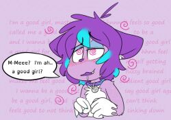 androgynous blush cat cat_boy collar drool furry kaitty_(kaittycat) kaittycat male_only malesub multicolored_hair original purple_skin spiral_eyes symbol_in_eyes text