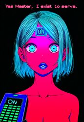  ai_art cleavage earrings empty_eyes english_text expressionless glowing_eyes hellsing002_(generator) large_breasts lipstick microchip nude remote_control 