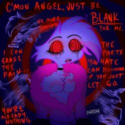  angel_dust_(hazbin_hotel) bunnygoon demon demon_boy dialogue drool english_text expressionless eye_color_change hazbin_hotel male_only malesub open_mouth red_eyes ring_background ring_eyes sharp_teeth signature solo spider standing tagme text 