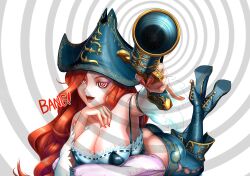 breasts chanseven danni68_(manipper) femdom gun hypnotic_eyes large_breasts league_of_legends long_hair looking_at_viewer lying manip miss_fortune_(league_of_legends) pov pov_sub red_hair symbol_in_eyes text weapon western
