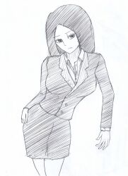 femsub greyscale long_hair monochrome office_lady sketch skirt suit yakan123456