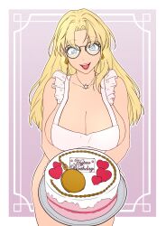  absurdres apron aurora_(jabberwocky) birthday blonde_hair blue_eyes cake cleavage collarbone earrings eshie female_only femsub glasses happy_trance huge_breasts long_hair looking_at_viewer naked_apron necklace open_mouth original pocket_watch simple_background smile solo spiral_eyes standing stepfordization text 