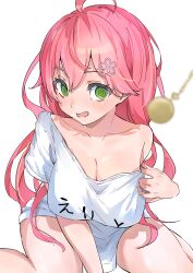  absurdres ahoge alternate_costume bare_shoulders breasts cleavage eru_(l_illust45) female_only femsub green_eyes hair_clips hair_ornament happy_trance hololive large_breasts leaning_forward long_hair looking_at_viewer miko_sakura no_bra open_mouth pendulum pink_hair pocket_watch shirt simple_background smile solo spiral_eyes symbol_in_eyes thighs undressing virtual_youtuber white_background 