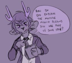  antlers before_and_after cassthesquid clipboard clothed comic deer_boy dialogue dress_shirt furry horns jacket male_only monochrome open_mouth original purple_eyes samual_(cassthesquid) shirt short_hair simple_background sketch solo speech_bubble standing tagme text tie 