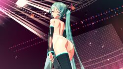  3d arm_warmers ass blue_hair boots bottomless clothed_exposure cyan_hair evil_smile female_only femsub heavy_eyelids koikatsu! looking_at_viewer looking_back microphone miku_hatsune nipples red_eyes smile solo standing taihou1944 tattoo thighhighs topless twintails very_long_hair vocaloid 