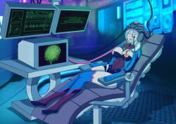 absurdres animeian brain breasts cables female_only femsub happy_trance helmet leotard monitor multicolored_hair nipples open_mouth original skip_skip_(goldenfork) tech_control text thighhighs