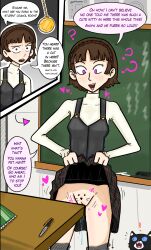  altered_perception before_and_after body_markings brown_hair classroom happy_trance heart humiliation imaginalchimp instant_loss makoto_niijima masturbation morgana_(persona_5) persona_(series) persona_5 pocket_watch purple_eyes pussy pussy_juice school_uniform short_hair skirt skirt_lift speech_bubble unaware 