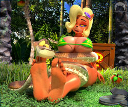 3d coco_bandicoot coils crash_bandicoot_(series) disney drool feet furry kaa kaa_eyes large_breasts licking snake the_jungle_book thehypnopotamus