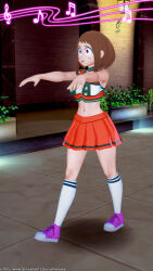 3d brown_hair cheerleader empty_eyes femsub hypnotic_music large_breasts latinkaixa my_hero_academia ochaco_uraraka short_hair zombie_walk