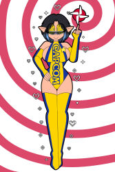  azalea_(azalea) black_hair blue_hair capcom cartoonzombie dronification elf_ears female_only femsub fingerless_gloves gloves hand_on_hip happy_trance hourglass_figure large_breasts leotard looking_at_viewer multicolored_hair opera_gloves original short_hair sideboob simple_background smile solo spiral_background spiralwash_eyes thigh_gap thighhighs tiptoes transfem transgender_identity visor wide_hips yellow_eyes 