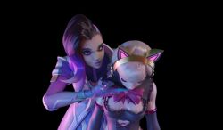  3d animated animated_gif blonde_hair breasts brown_hair clothed d.va dazed female_only femdom femsub large_breasts long_hair open_mouth overwatch smile sombra_(overwatch) tongue vynil 